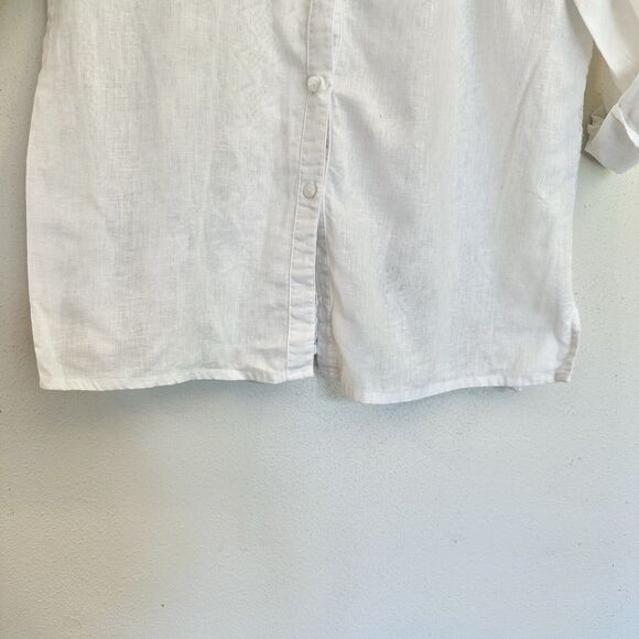 Chicos | Linen Crochet Back Button Shirt Roll Tab Sleeves Top Size 1 -‎ Med - 44 - Picture 8 of 15